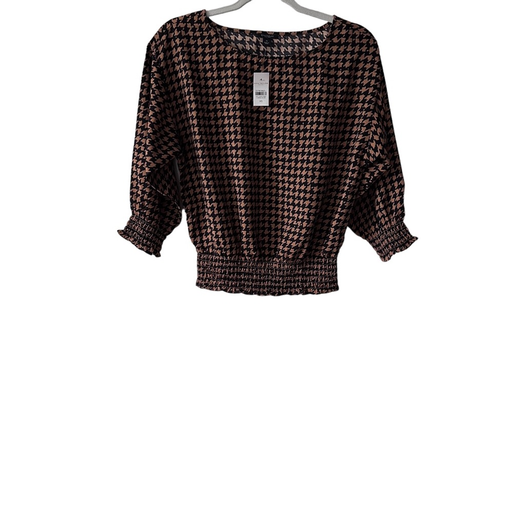 Ann Taylor Checkers Mocked Waist Brown Ana Black Top. Size XS